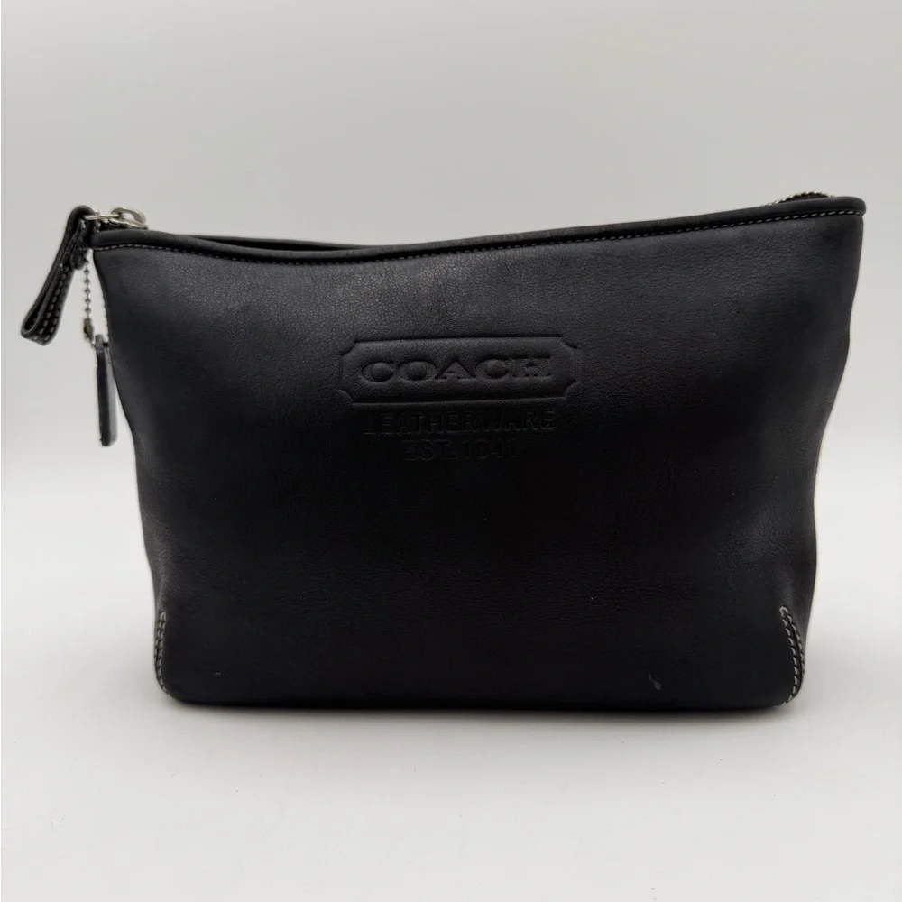 Coach Black Leather Cosmetic Case w Hangtag Embossed Logo EUC